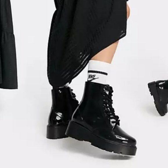 My Poshtique Shoes - !! NEW !! Black Patent Vegan Leather Side Zip Combat Boots